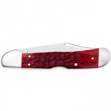 Razor Sharp AZ Case CopperLock pocket knife with dark red bone handle and peach seed jigging, closed view