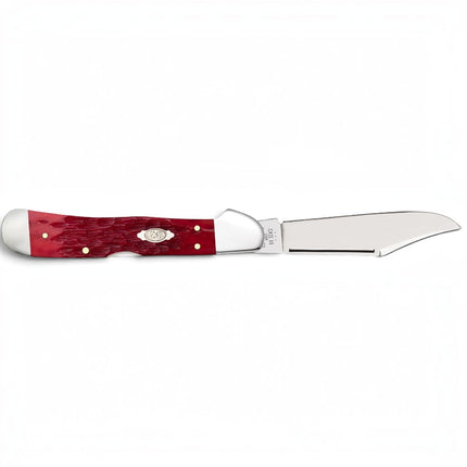 Razor Sharp AZ Case CopperLock pocket knife with dark red bone peach seed jigged handle and mirror-polished clip blade.