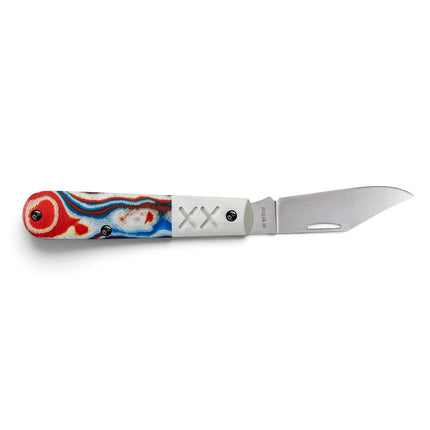 Razor Sharp AZ Case Crossroads Barlow knife with red, white, and blue burl G-10 handle and stonewashed S35VN steel blade.