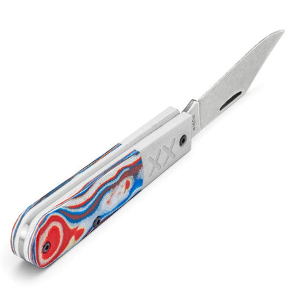 Razor Sharp AZ Case Crossroads Barlow knife with red, white, and blue burl G-10 handle and stonewashed S35VN blade.