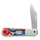 Razor Sharp AZ Case Crossroads Barlow knife with red, white, and blue burl G-10 handle and stonewashed S35VN steel blade