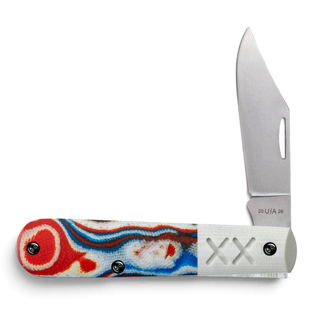 Razor Sharp AZ Case Crossroads Barlow knife with red, white, and blue burl G-10 handle and stonewashed S35VN steel blade