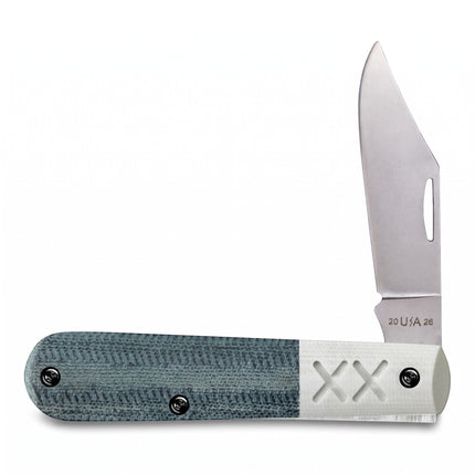 Razor Sharp AZ Case Crossroads XR Barlow knife with blue denim canvas laminate handle and white G-10 bolster