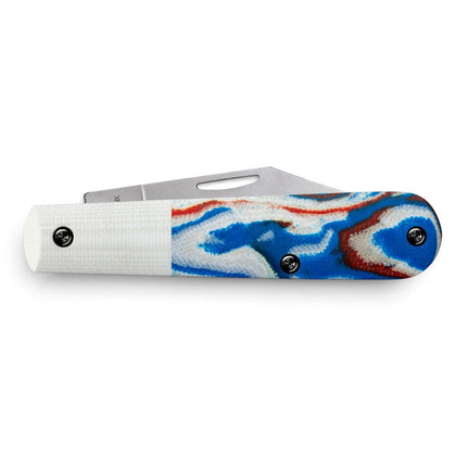 Razor Sharp AZ Case Crossroads Barlow knife with red, white, and blue burl G-10 handle and white G-10 bolster.