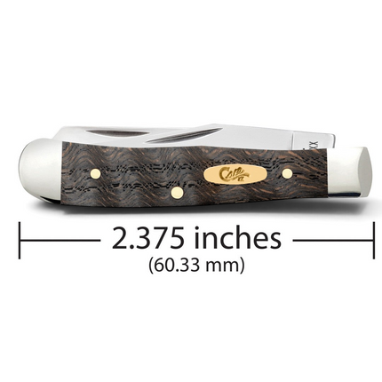 Razor Sharp AZ Case Tiny Trapper pocket knife with black curly oak wood handle, brass shield, and steel blades.