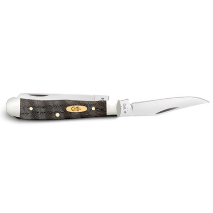Razor Sharp AZ Case Tiny Trapper pocket knife with black curly oak wood handle, brass shield, and polished steel blade