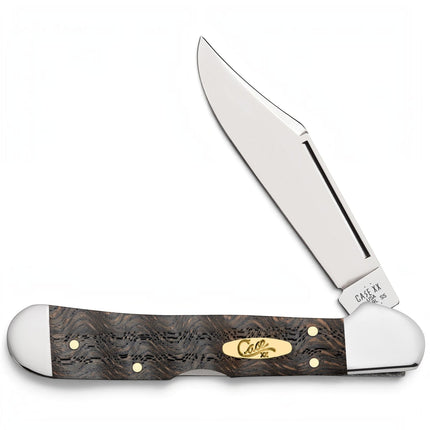 Razor Sharp AZ Case Mini CopperLock pocket knife with smooth black curly oak wood handle and polished steel blade.