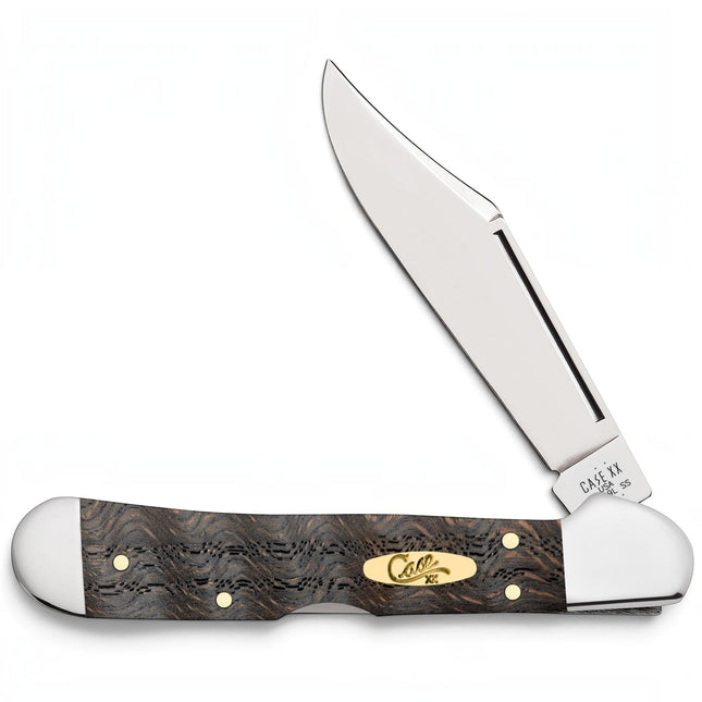 Razor Sharp AZ Case Mini CopperLock pocket knife with smooth black curly oak wood handle and polished steel blade.
