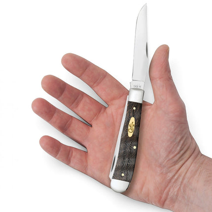 Razor Sharp AZ Case Trapper pocket knife with black curly oak wood handle, brass shield, and stainless steel blade.