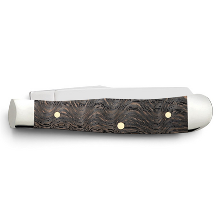 Razor Sharp AZ Case Tiny Trapper pocket knife with black curly oak wood handle, nickel silver bolsters, and brass pins.