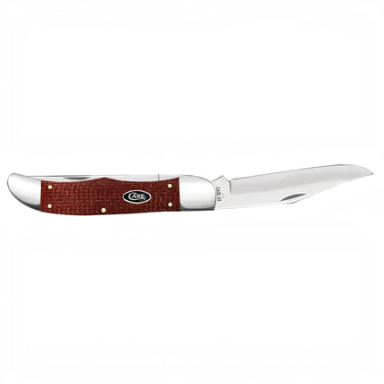 Razor Sharp AZ Case folding hunter knife with dark red burlap micarta handle and polished carbon steel clip blade