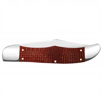 Razor Sharp AZ Case Folding Hunter knife with a smooth dark red burlap Micarta handle and polished steel bolsters.