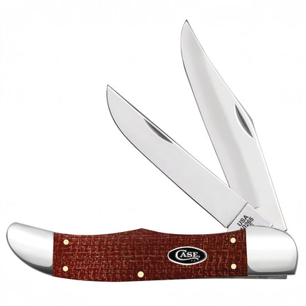 Razor Sharp AZ Case Folding Hunter knife with dark red burlap Micarta handle and dual polished carbon steel blades.