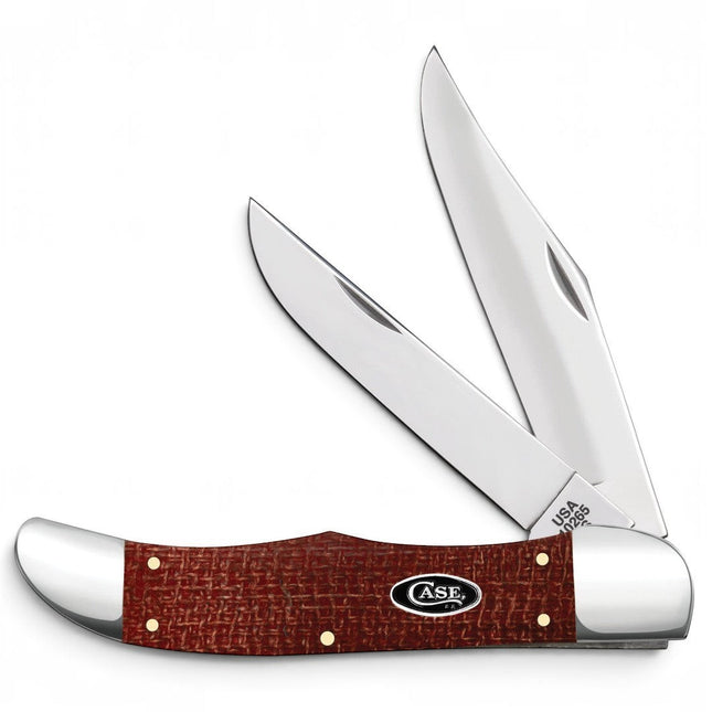 Razor Sharp AZ Case folding hunter knife with dark red burlap Micarta handle and two mirror-polished carbon steel blades