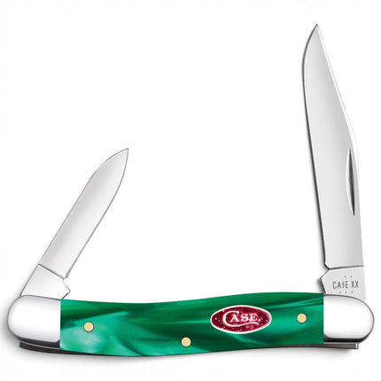 Razor Sharp AZ Case Medium Pen knife with smooth green pearl Kirinite handle, two stainless steel blades, and red shield