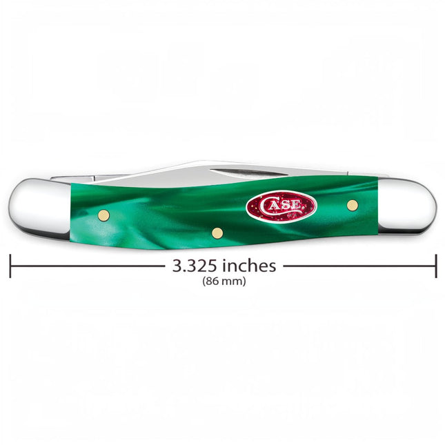 Razor Sharp AZ Case Medium Pen knife with smooth green pearl Kirinite handle, stainless steel blades, and red shield.