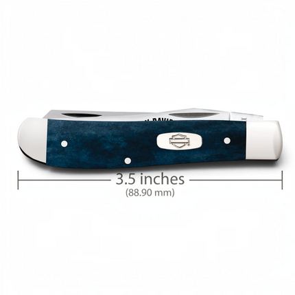 Razor Sharp AZ Case Harley-Davidson Mini Trapper knife with a smooth Mediterranean blue bone handle and steel bolsters.