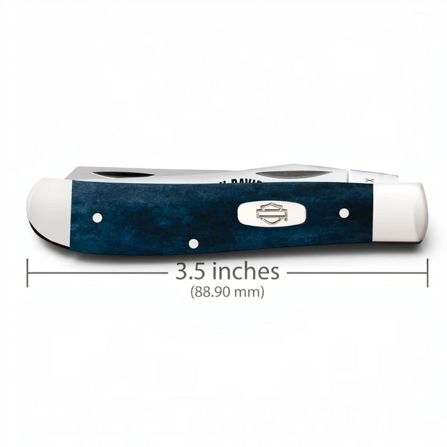 Razor Sharp AZ Case Harley-Davidson Mini Trapper knife with a smooth Mediterranean blue bone handle and steel bolsters.
