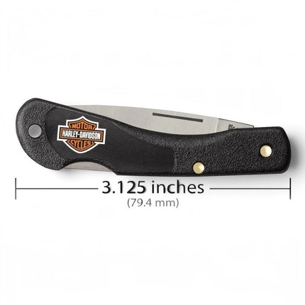Razor Sharp AZ Case Harley-Davidson Mini Blackhorn lockback knife with a black Zytel handle and logo