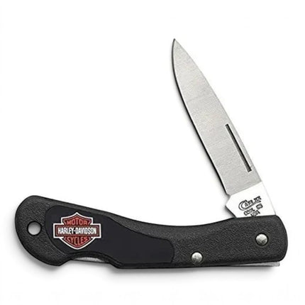 Razor Sharp AZ Case Harley-Davidson Mini Blackhorn lockback knife with a black Zytel handle and stainless steel blade