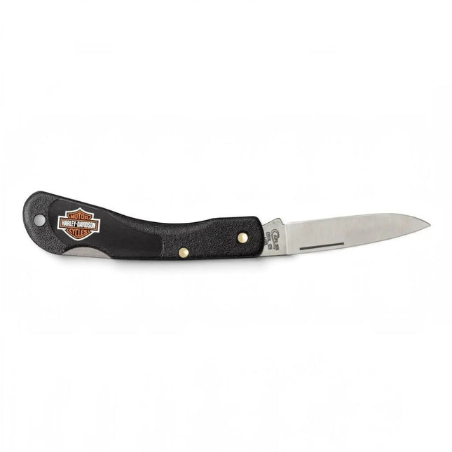 Razor Sharp AZ Case Harley-Davidson Mini Blackhorn lockback knife with a black Zytel handle and stainless steel blade