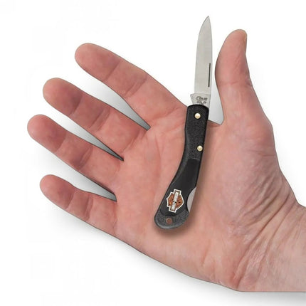 Razor Sharp AZ Case Harley-Davidson Mini Blackhorn lockback knife with black Zytel handle held in a palm
