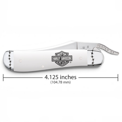 Razor Sharp AZ Case Harley-Davidson RussLock folding knife with white synthetic handle and mirror-polished steel blade