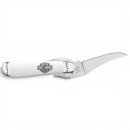 Razor Sharp AZ Case Harley-Davidson RussLock folding knife with a white synthetic handle and stainless steel blade.