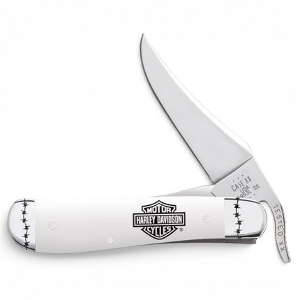Razor Sharp AZ Case Harley-Davidson RussLock folding knife with white synthetic handle and stainless steel clip blade