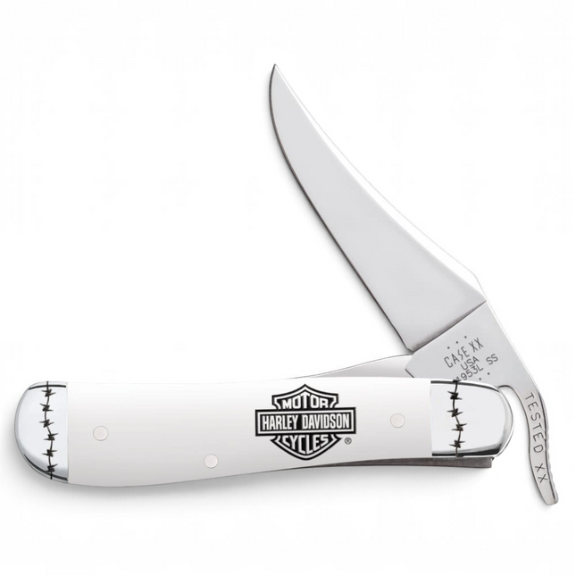 Razor Sharp AZ Case Harley-Davidson RussLock folding knife with white synthetic handle and stainless steel clip blade