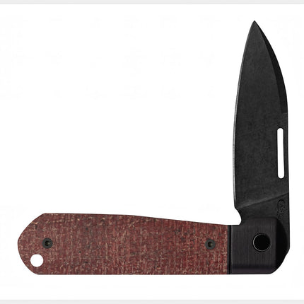 Razor Sharp AZ Case Highbanks folding knife with a dark red burlap micarta handle and black DLC finish blade