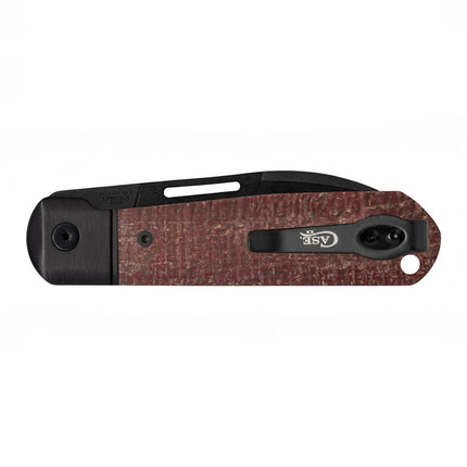 Razor Sharp AZ Case Highbanks folding knife with dark red burlap micarta handle and black DLC coated blade