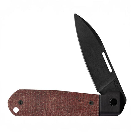 Razor Sharp AZ Case Highbanks folding knife with a dark red burlap micarta handle and a black DLC coated blade.