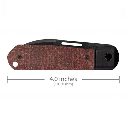Razor Sharp AZ Case Highbanks folding knife with dark red burlap micarta handle and black DLC finished steel blade