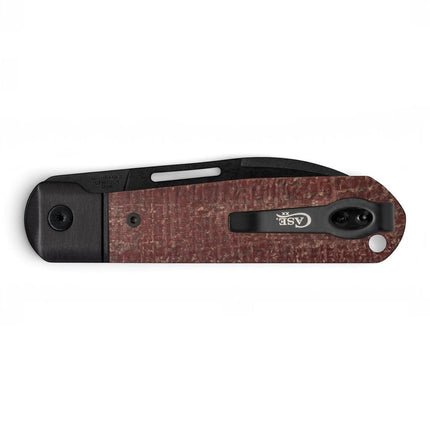 Razor Sharp AZ Case Highbanks folding knife with dark red burlap micarta handle and black DLC coated blade