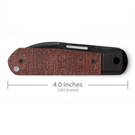 Razor Sharp AZ Case Highbanks folding knife with dark red burlap micarta handle and black DLC coated blade