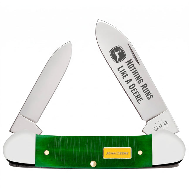 Razor Sharp AZ Case John Deere Canoe pocket knife with sawcut jig green bone handle and two stainless steel blades.