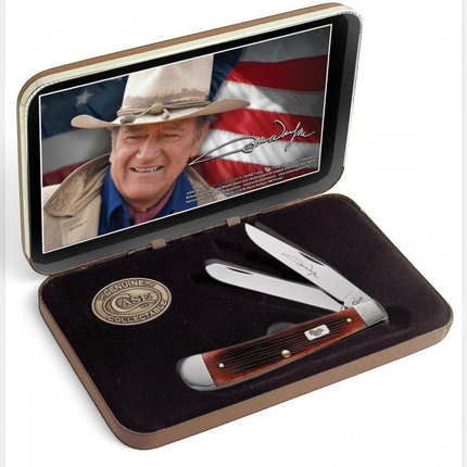 Razor Sharp AZ Case John Wayne gift set featuring a dark red bone trapper knife with mirror-polished steel blades.