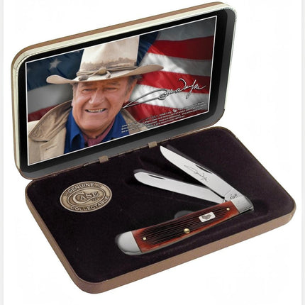 Razor Sharp AZ Case John Wayne gift set featuring a dark red bone trapper knife with stainless steel blades in a box.