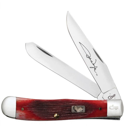 Razor Sharp AZ Case John Wayne Trapper knife with barnboard jig dark red bone handle and polished stainless steel blades