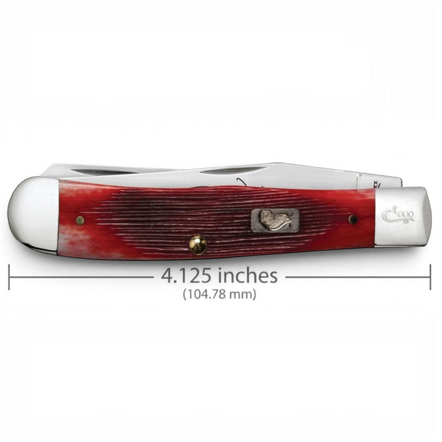 Razor Sharp AZ Case John Wayne Trapper knife with dark red bone barnboard jig handle and mirror-polished steel blades.