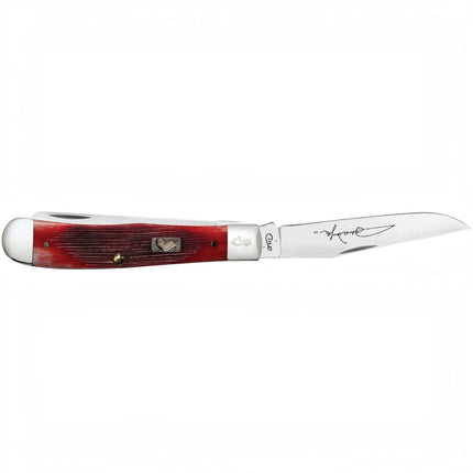 Razor Sharp AZ Case John Wayne Trapper knife with dark red barnboard jig bone handle and polished stainless steel blade