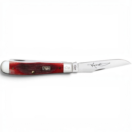 Razor Sharp AZ Case John Wayne Trapper knife with dark red bone barnboard jig handle and mirror-polished clip blade.