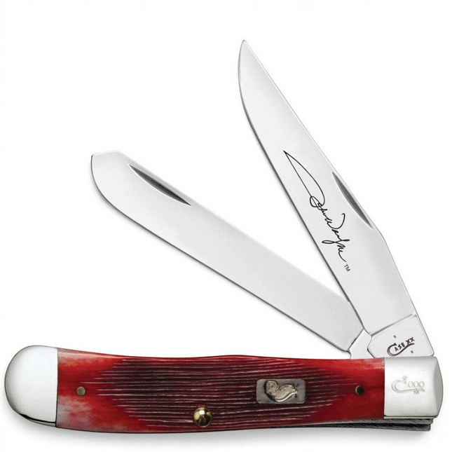 Razor Sharp AZ Case John Wayne Trapper knife with dark red bone handle and mirror-polished stainless steel blades