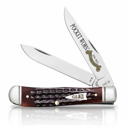 Razor Sharp AZ Case Trapper pocket knife with mahogany bone handle, corn cob jigging, and embellished steel blades.