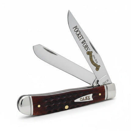 Razor Sharp AZ Case Trapper pocket knife with mahogany bone handle, corn cob jigging, and embellished steel blades.