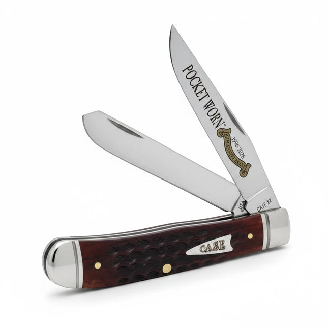 Razor Sharp AZ Case Trapper pocket knife with mahogany bone handle, corn cob jigging, and embellished steel blades.
