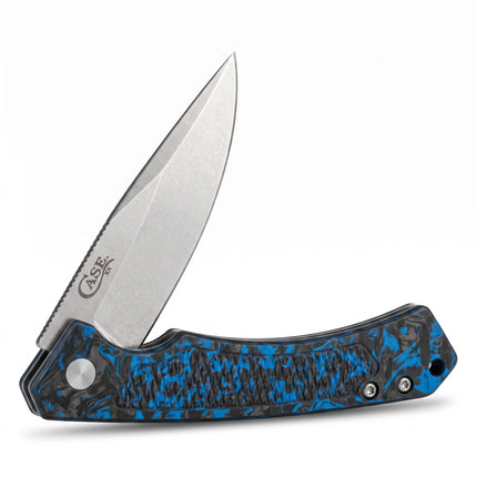 Razor Sharp AZ Case Marilla folding knife with a stonewashed drop point blade and blue marbled G-10 handle inlay