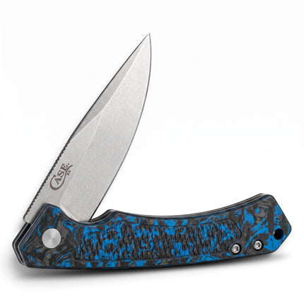 Razor Sharp AZ Case Marilla folding knife with stonewashed drop point blade and blue marbled carbon fiber handle