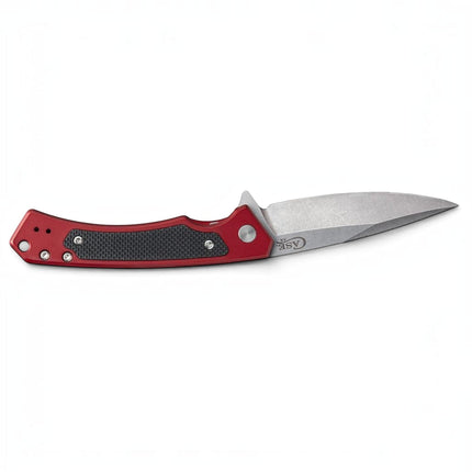Razor Sharp AZ Case Marilla folding knife with red anodized aluminum handle, black G-10 inlay, and stonewashed blade.